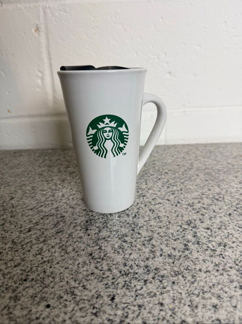 Starbucks 16 oz Ceramic Travel Mug White Green Siren Logo Black Lid 2012